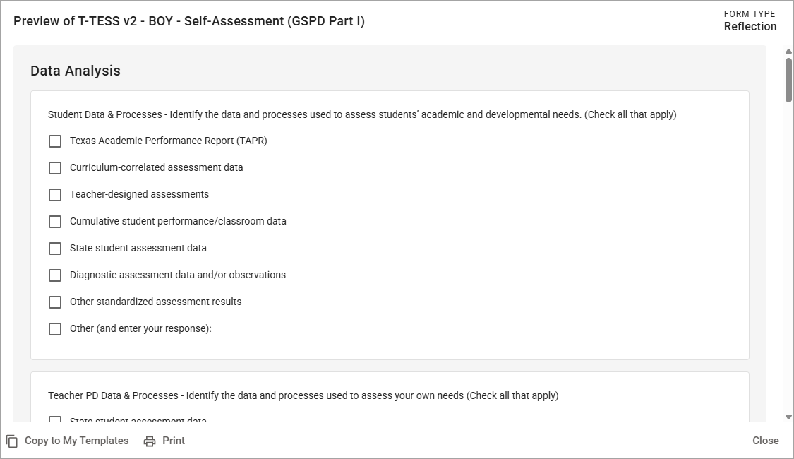A preview of the contents for a prebuilt T-TESS reflection form.